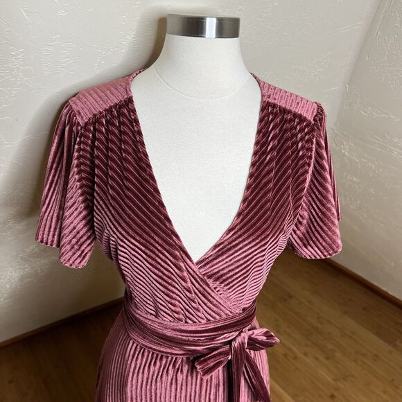 Baltic Born Maxi Dress Large Andi Ribbed Velvet Wrap Short Sleeve Dark Rose - Picture 2 of 11